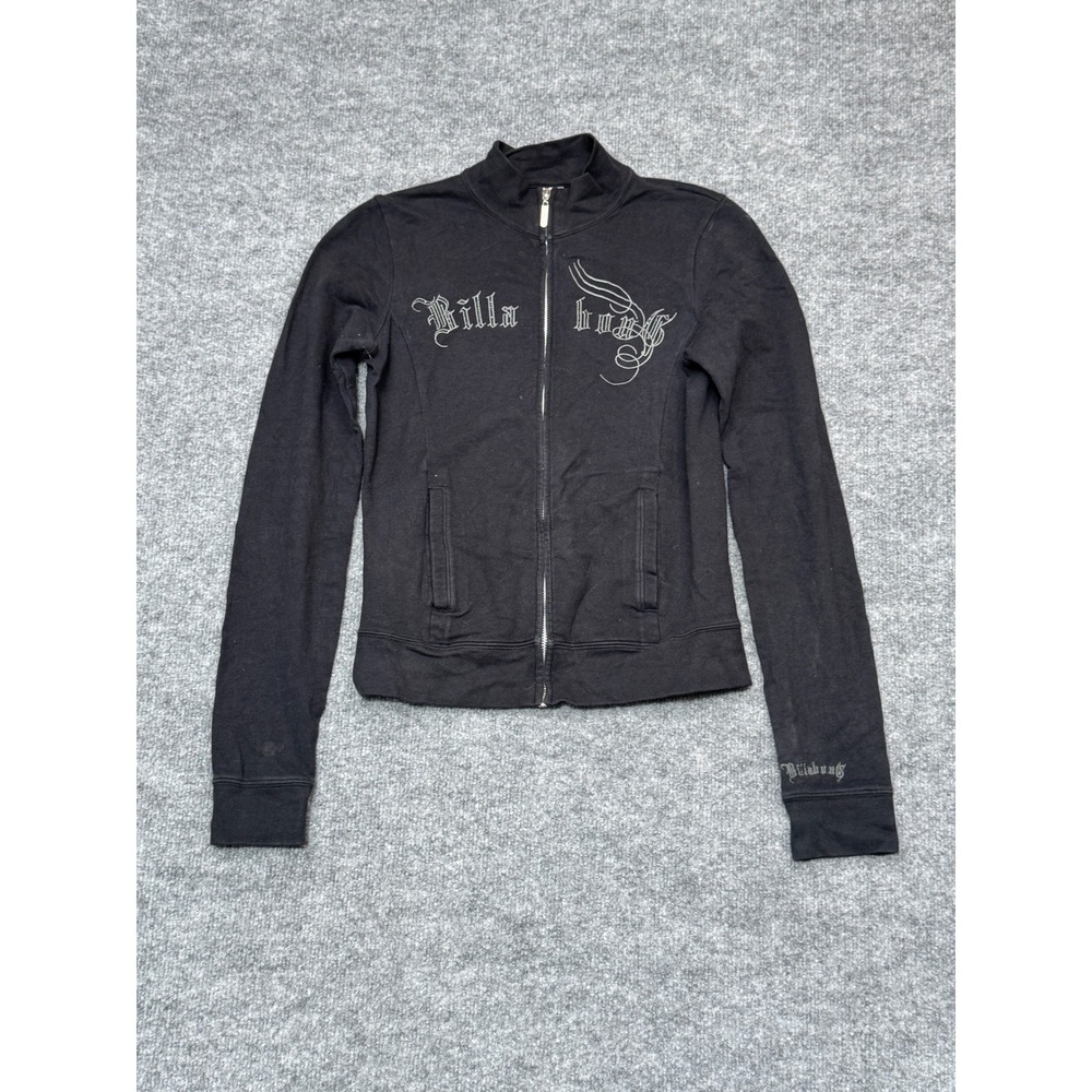 Billabong Womens Black Zip Up Track Jacket Gothic Logo Silver Embroidery Small